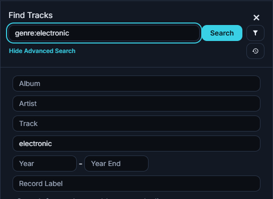 Current track search and advanced search fields
