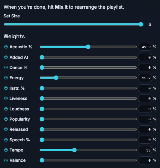 Current Sets controls with set size and editable feature weights