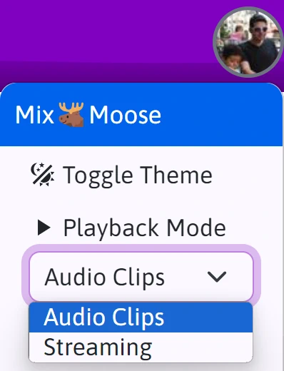 The user menu with playback mode Audio Clips selected