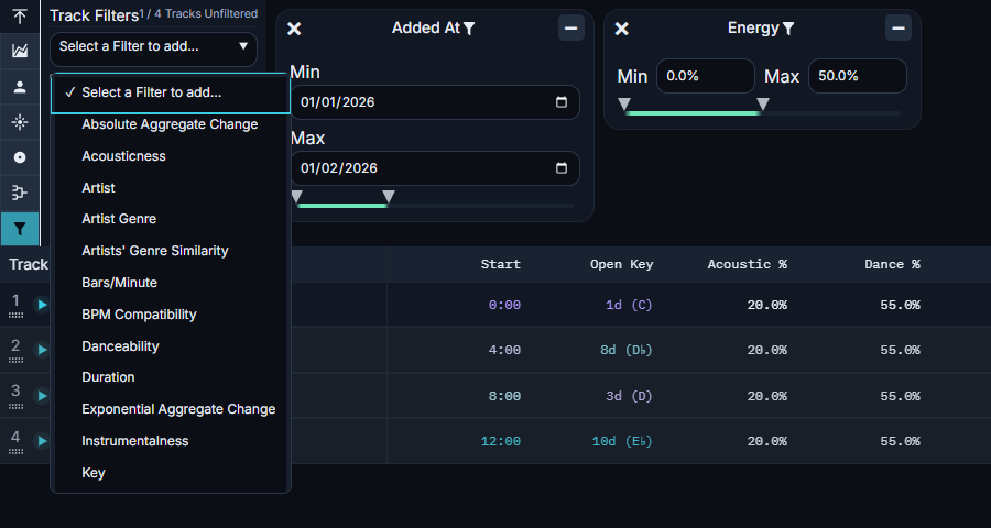 Active date and energy filters with the available-filter dropdown open