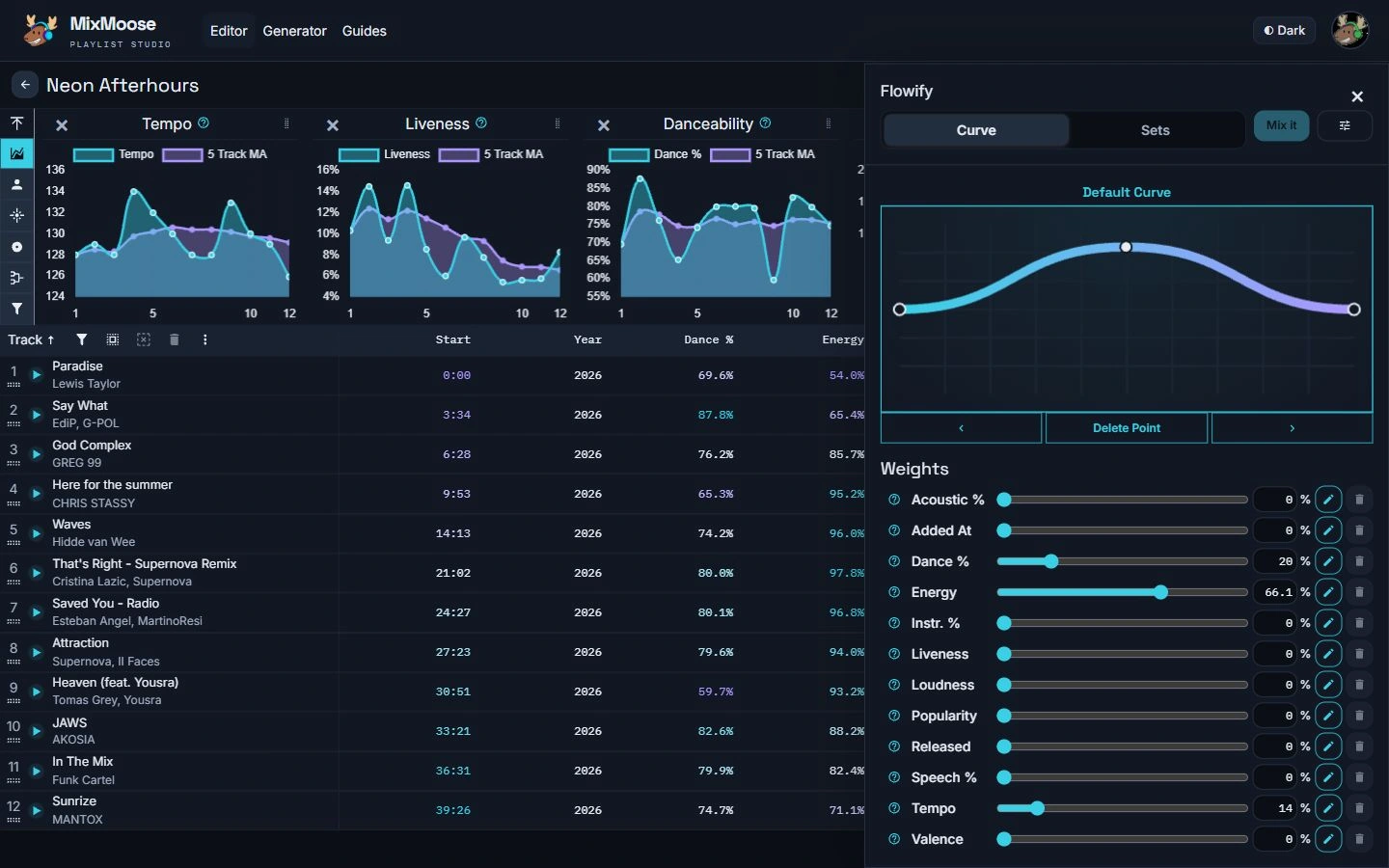 Flowify arranging real tracks with a custom curve and selected feature weights