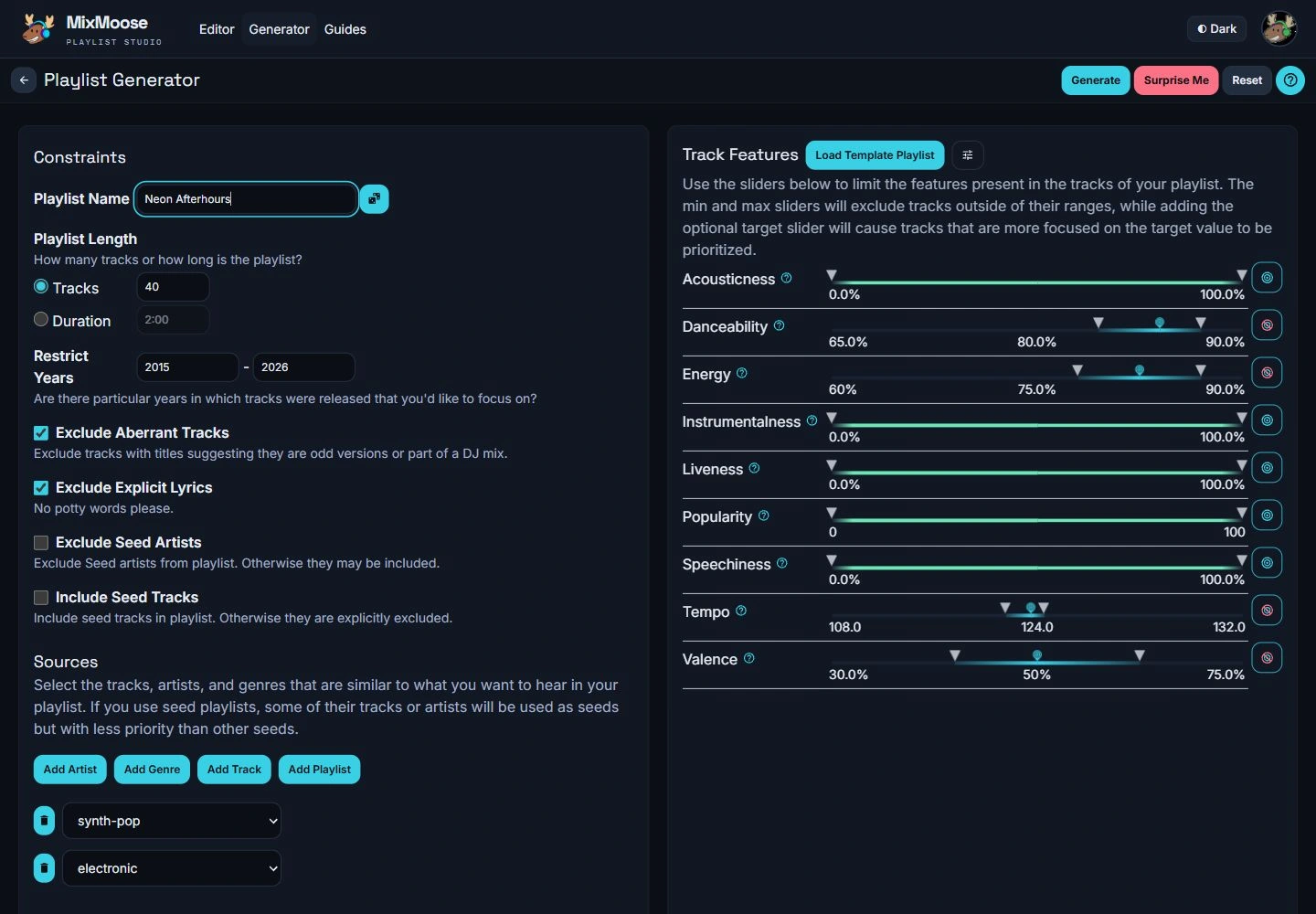 MixMoose generator configured with genre sources, release years, exclusions, and multiple audio-feature ranges